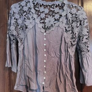 Elegant Lace Trim Gray Women's Top